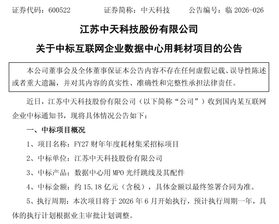 中天科技中标15亿元光纤大单!年内涨幅已超150%